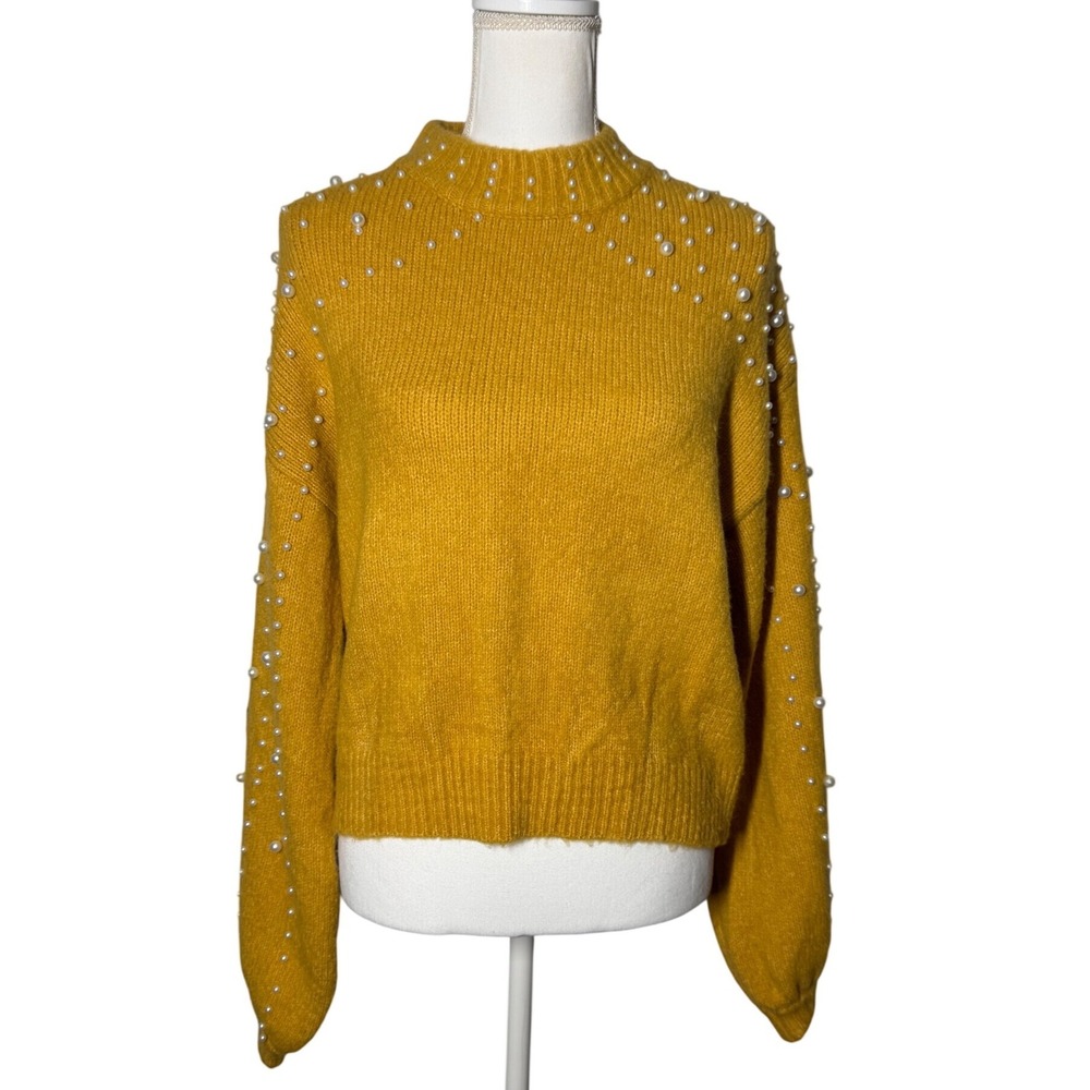 ACOA Pearl Embellished Mock Neck Sweater Medium Yellow Pullover Knit